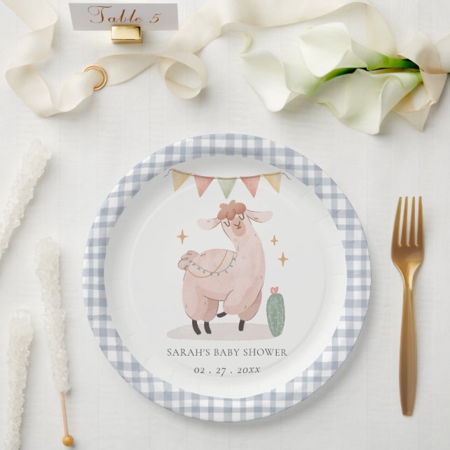 Cute Blue Plaid Cactus Boho Llama Baby Shower Paper Plates (Wedding)