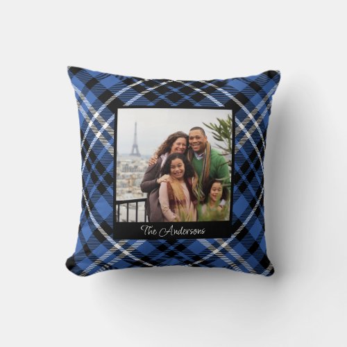 Cute Blue Plaid Family Photo Template Tartan Throw Pillow