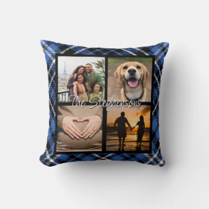 Cute Blue Plaid Family Photo Template Tartan Throw Pillow