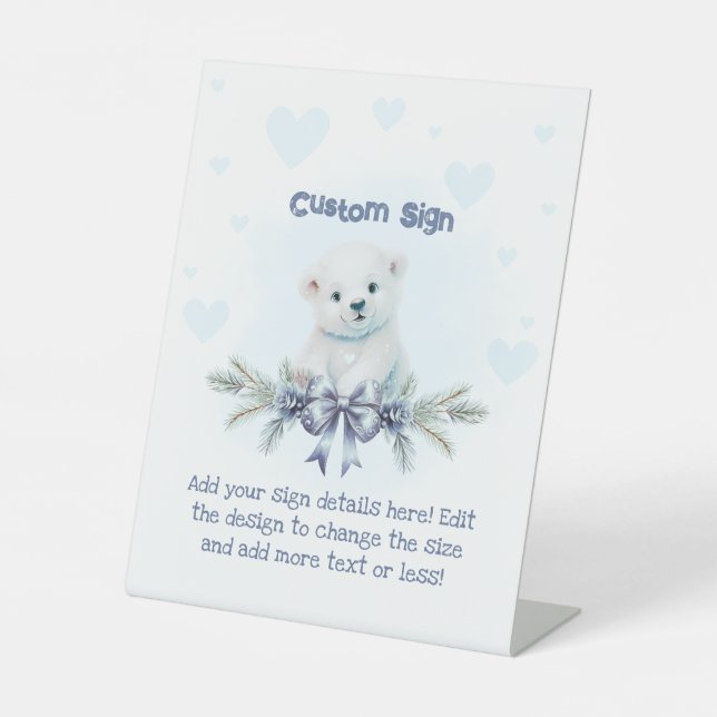 Cute Blue Polar Bear Cub Winter Baby Shower Pedestal Sign (Front)