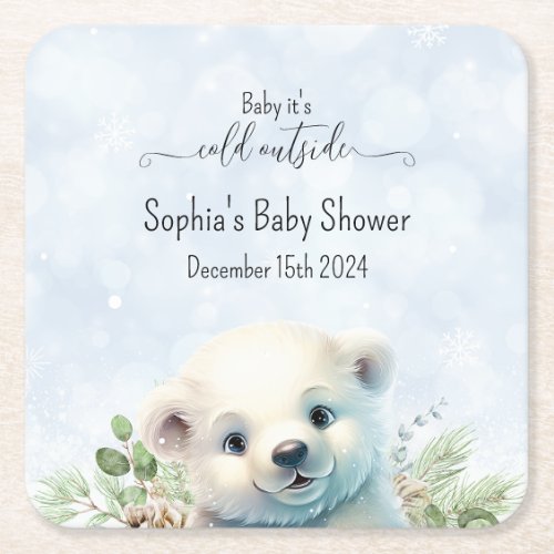 Cute Blue Polar Bear Winter Baby Shower Square Paper Coaster