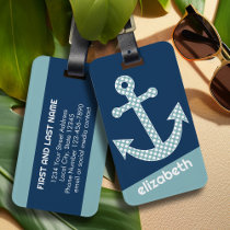 Cute Blue Polka Dot Anchor with Navy Custom Name Luggage Tag
