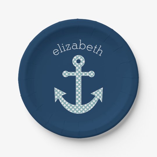 Cute Blue Polka Dot Anchor with Navy Custom Name Paper Plate | Zazzle.com
