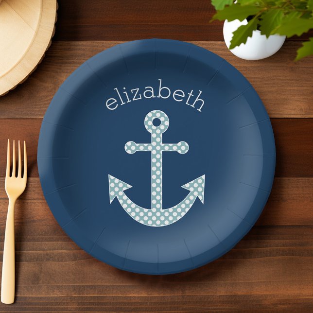 Cute Blue Polka Dot Anchor with Navy Custom Name Paper Plates (Custom Party Plates)