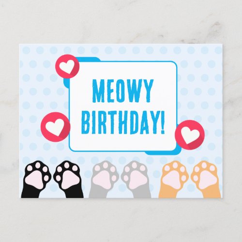 Cute Blue Polka Dot Cat Paws Up Happy Birthday Postcard