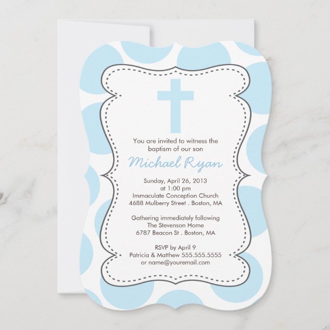 Cute Blue Polka Dots Cross Baptism Invitation (Front)