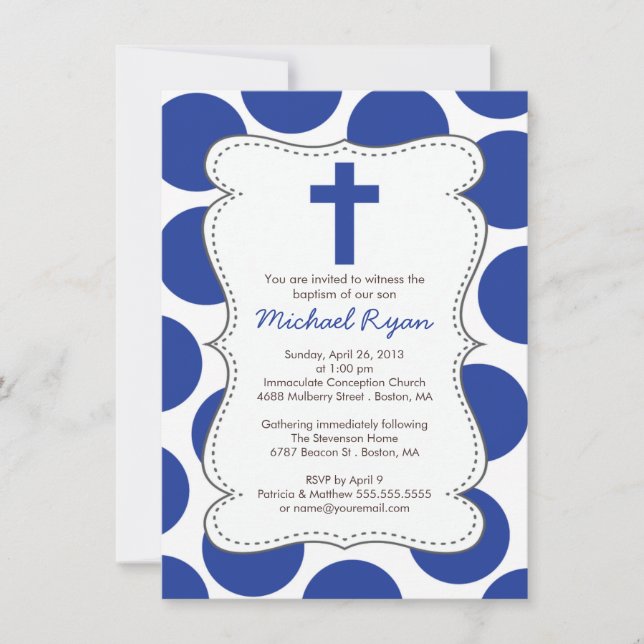 Cute Blue Polka Dots Cross Baptism Invitation (Front)