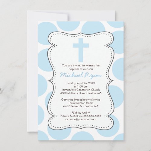 Cute Blue Polka Dots Cross Baptism Invitation