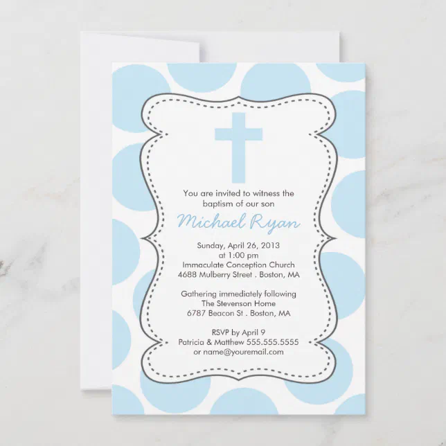 Cute Blue Polka Dots Cross Baptism Invitation | Zazzle