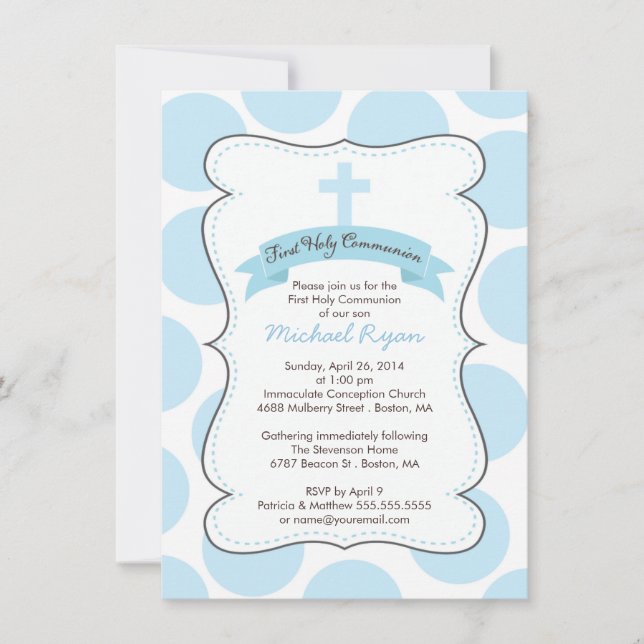 Cute Blue Polka Dots Cross Communion Invitation (Front)