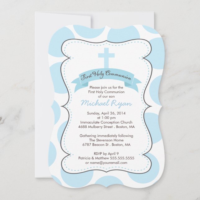 Cute Blue Polka Dots Cross Communion Invitation (Front)