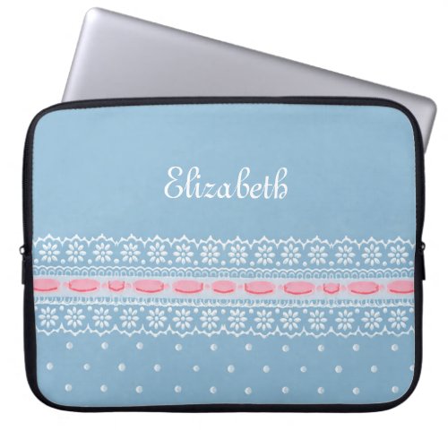 Cute Blue Polka Dots Girly Pink Lace With Name Laptop Sleeve