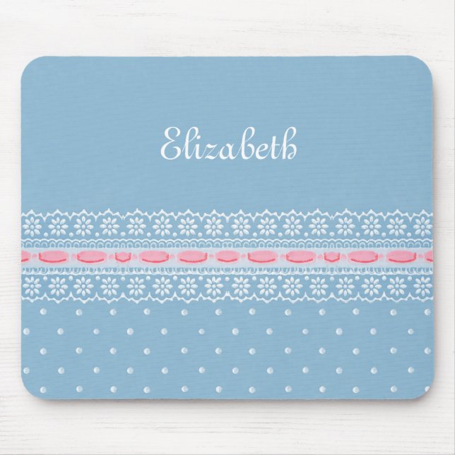 Cute Blue Polka Dots Girly Pink Lace With Name Mouse Pad (Front)