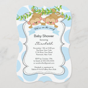 Cute Blue Polka Dots Monkey Boys Baby Shower Invitation