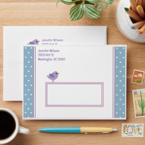 Cute Blue Polka Dots Purple Bird Envelope