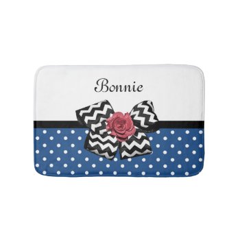 Cute Blue Polka Dots Red Rose Chevron Bow And Name Bathroom Mat by ohsogirly at Zazzle