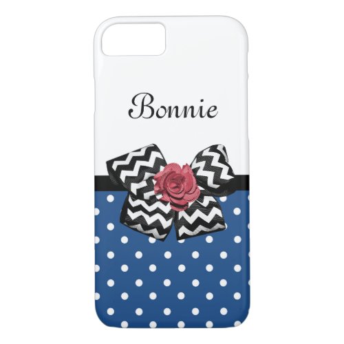 Cute Blue Polka Dots Red Rose Chevron Bow and Name iPhone 87 Case