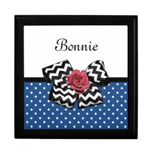 Cute Blue Polka Dots Red Rose Chevron Bow and Name Gift Box