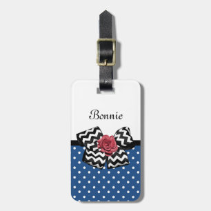 Cute Blue Polka Dots Red Rose Chevron Bow and Name Luggage Tag