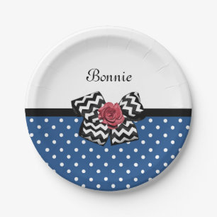 Cute Blue Polka Dots Red Rose Chevron Bow and Name Paper Plates