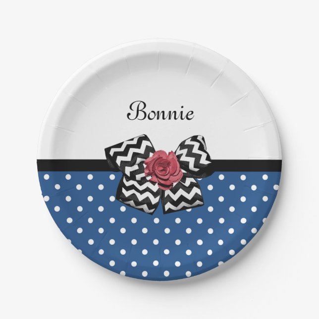 Cute Blue Polka Dots Red Rose Chevron Bow and Name Paper Plates (Front)