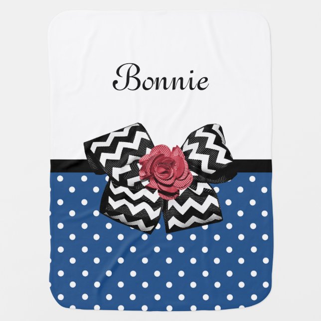 Cute Blue Polka Dots Red Rose Chevron Bow and Name Swaddle Blanket (Front)