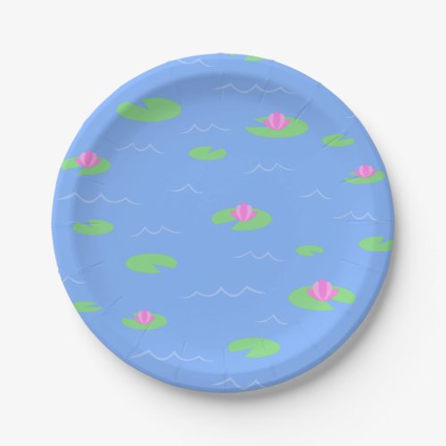 Cute Blue Pond with Lily Pad Print Paper Plate