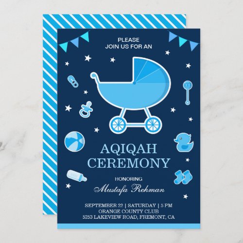 Cute Blue Pram Baby Boy Aqiqah Invitation