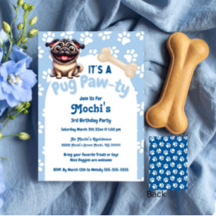 Cute Blue Pug Doggie Birthday Paw-ty Invitation