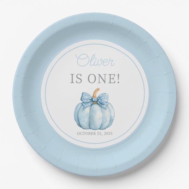 Cute Blue Pumpkin Boy 1st Birthday Paper Plates (Front)