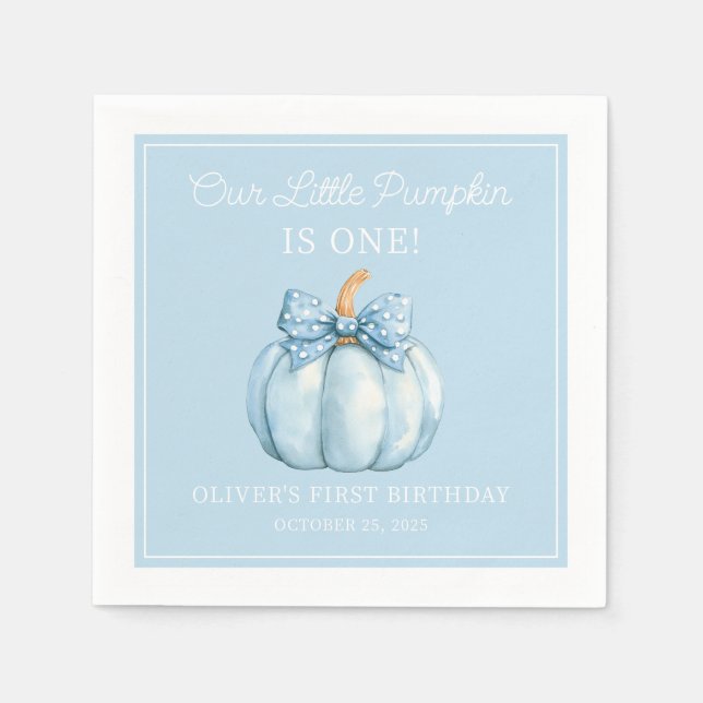 Cute Blue Pumpkin Boy Baby First Birthday Napkins (Front)