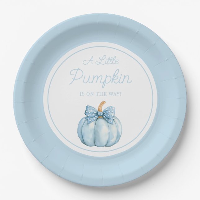 Cute Blue Pumpkin Boy Baby Shower Paper Plates (Front)