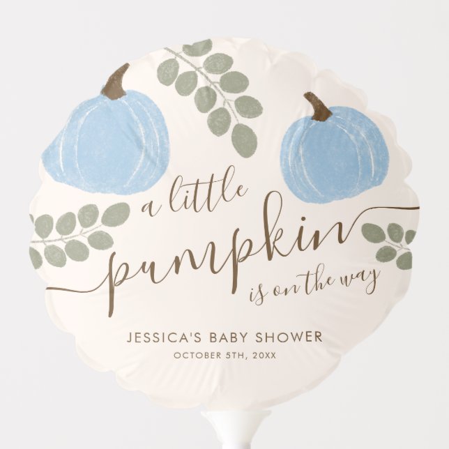 Cute Blue Pumpkin Eucalyptus Fall Boy Baby Shower Balloon (Front)