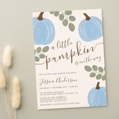 Cute Blue Pumpkin Eucalyptus Fall Boy Baby Shower Invitation