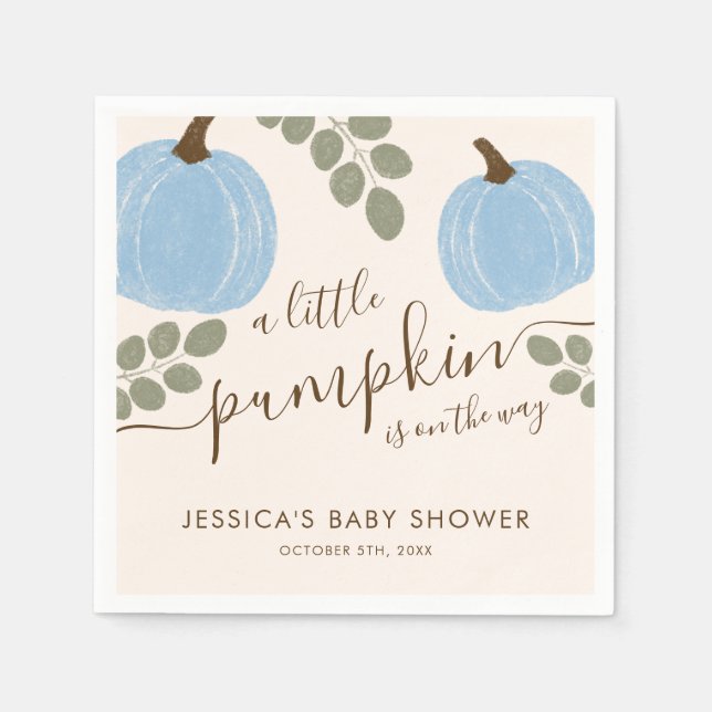 Cute Blue Pumpkin Eucalyptus Fall Boy Baby Shower Napkins (Front)