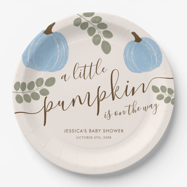 Cute Blue Pumpkin Eucalyptus Fall Boy Baby Shower Paper Plates (Front)