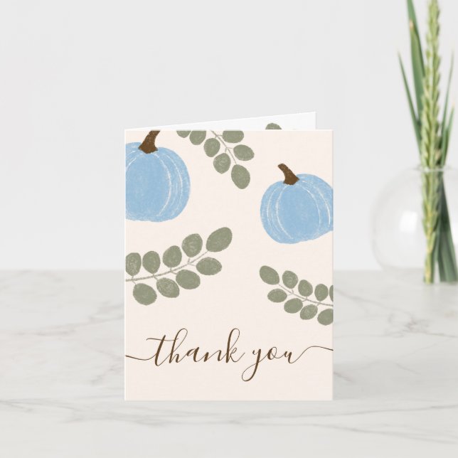 Cute Blue Pumpkin Eucalyptus Fall Boy Baby Shower Thank You Card (Front)