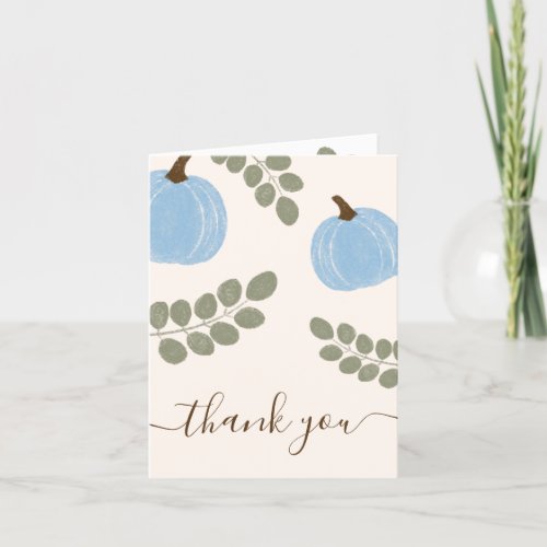 Cute Blue Pumpkin Eucalyptus Fall Boy Baby Shower Thank You Card