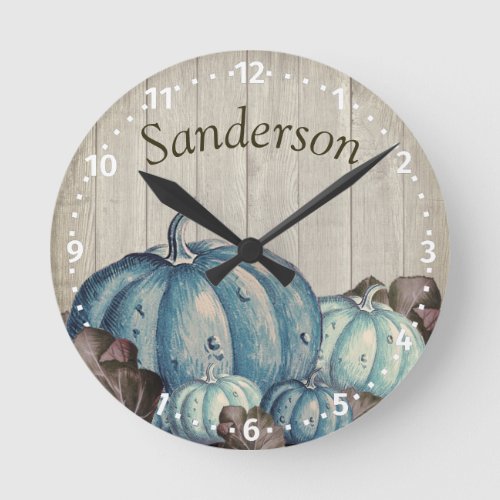 Cute Blue Pumpkin Fall Leaves Rustic Cream Wood  Round Clock