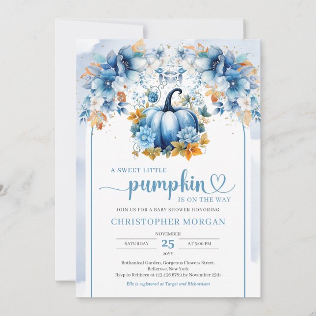 Cute blue pumpkin fall orange leaves boho arch invitation (Front)