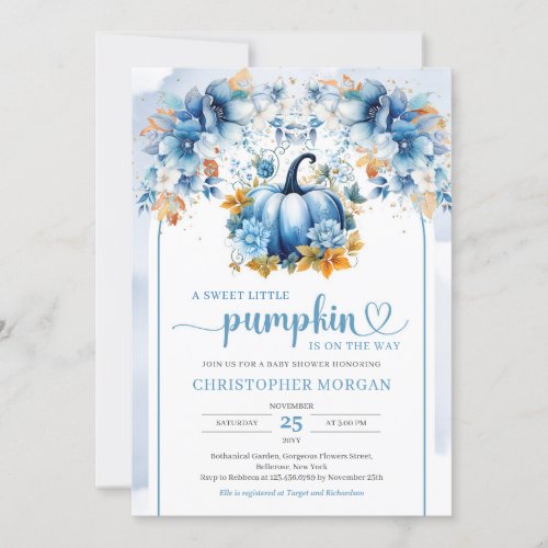 Cute blue pumpkin fall orange leaves boho arch invitation