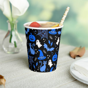 Cute Blue Pumpkin Ghost Halloween Pattern Paper Cups