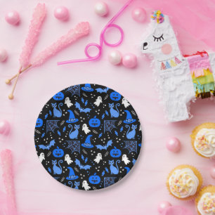 Cute Blue Pumpkin Ghost Halloween Pattern Paper Plates