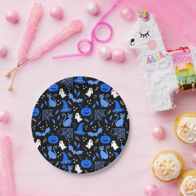 Cute Blue Pumpkin Ghost Halloween Pattern Paper Plates (Party)