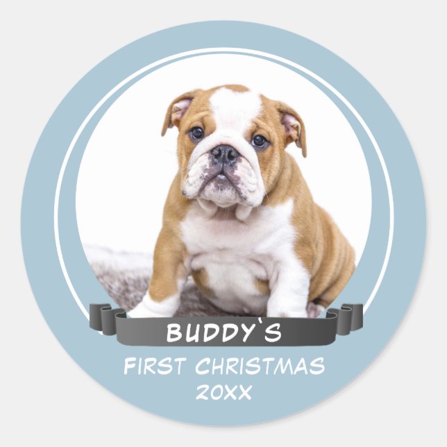 Cute Blue Puppy 1st Christmas Dog Photo Classic Round Sticker (Front)