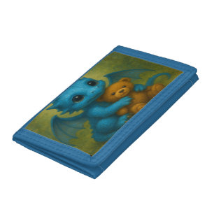 Cute Blue Puppy Eyed Baby Dragon with Teddy Bear Tri-fold Wallet
