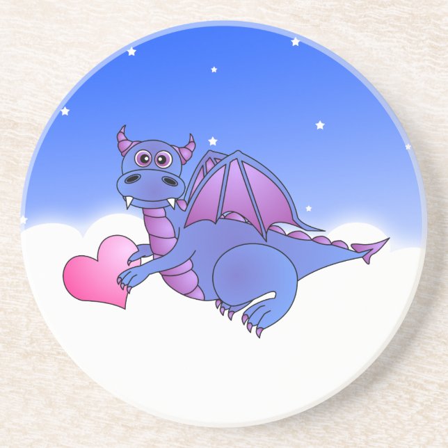 Cute Blue Purple Dragon Flying in Clouds w/ Heart Drink Coaster (Front)