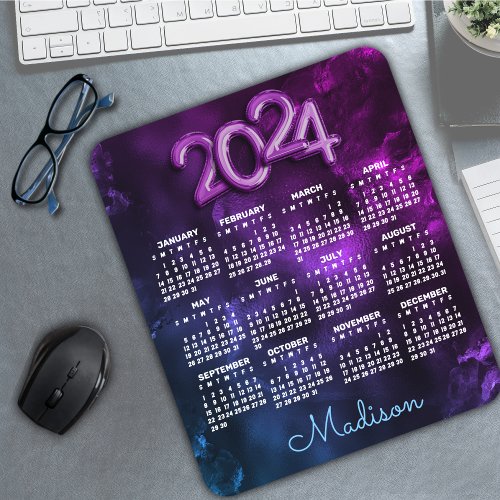 Cute blue purple marble art 2024 calendar  mouse pad