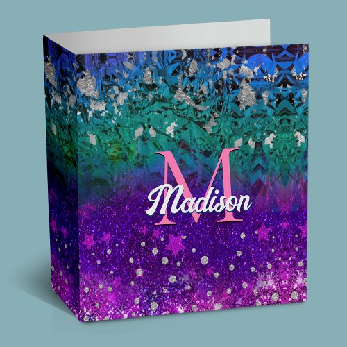 Cute blue purple ombre glitter monogram 3 ring binder