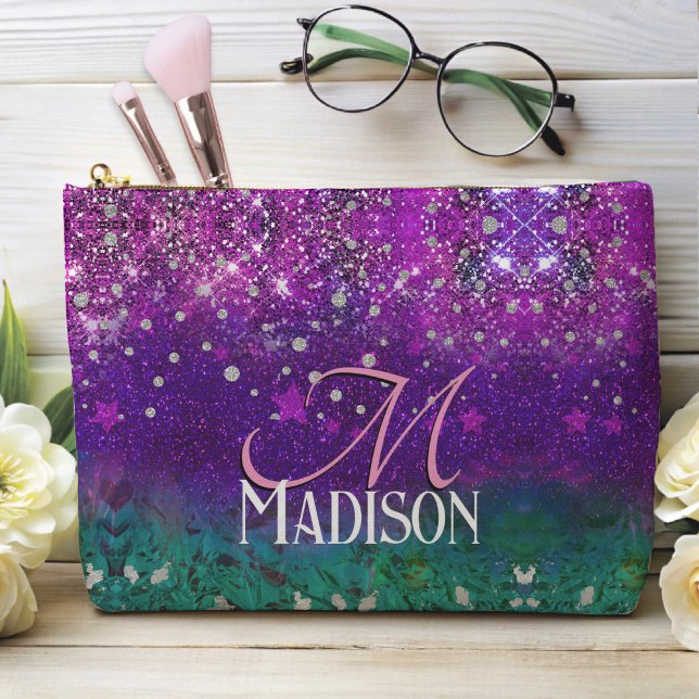 Cute blue purple ombre glitter monogram accessory pouch (Creator Uploaded)